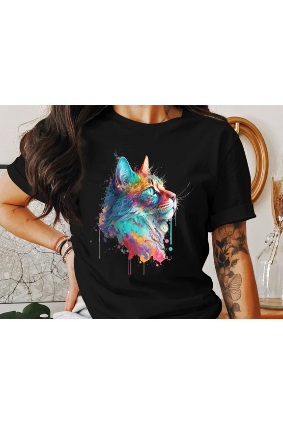 Cat T-Shirt Paint Drip Effect Watercolor Cat Art Unique Feline Graphic