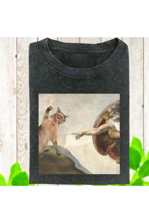 Cat T-Shirt, Vintage Tee, Unisex Cringe Dumb Shirt, Cat God Creation Of Adam Shirt, Jesus Gift Tee TSHIRT All Size S-5XL