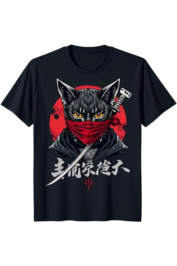 Cat T-Shirt with Red Bandana & Katana Japanese Kanji Design
