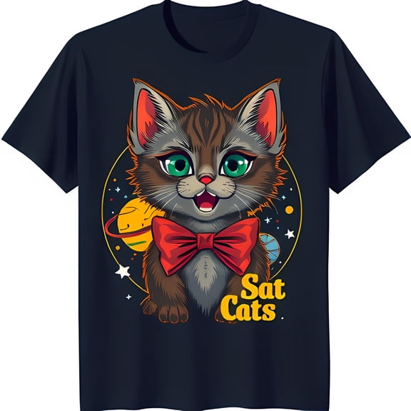 Cat T-Shirt with Red Bow Tie Whimsical 'Sat Cats' Design on Black
