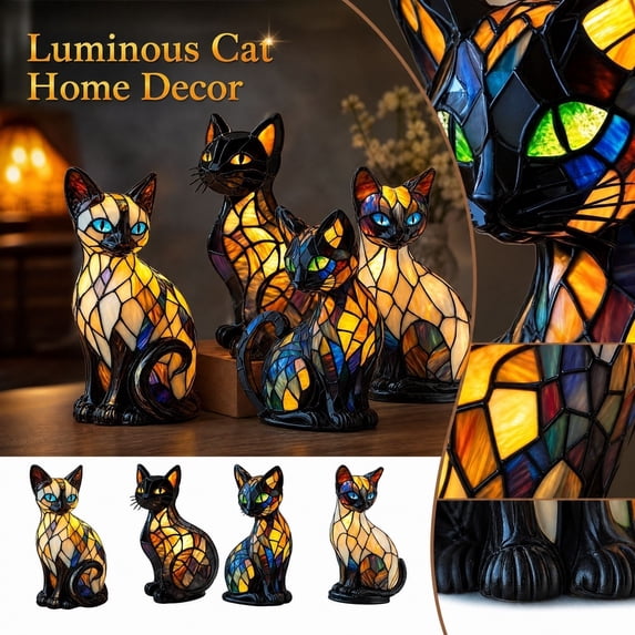 Cat Table Lamp Stained Glass Style Resin Night Light, Mosaic Animal Figurine Accent for Bedroom Living Room Decor Cat Lovers Gift, 5.9 Inch