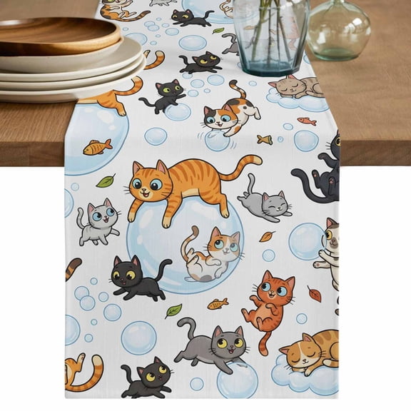 Cat Table Runner, Funny Cute Fish Leaves Bubble Washable Cotton Linen Table Runners 70 Inches Long, Dresser Scarf Runner for Dining/Kitchen/Coffee/TV Stands/Cabinets 13''x70''