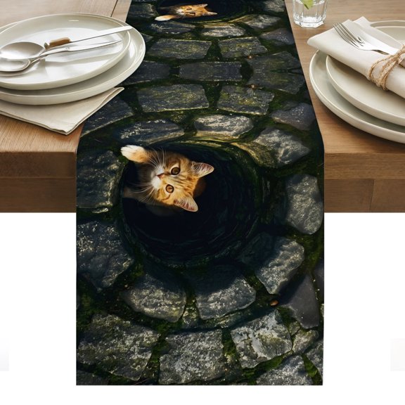 Cat Table Runner Stone Well Darkness Rustic Mysterious Tablerunners 13 x 60 Inch, Table Decorations Tabletop Scarf for Summer Gathering Holiday Farmhouse Kitchen Dining Decor