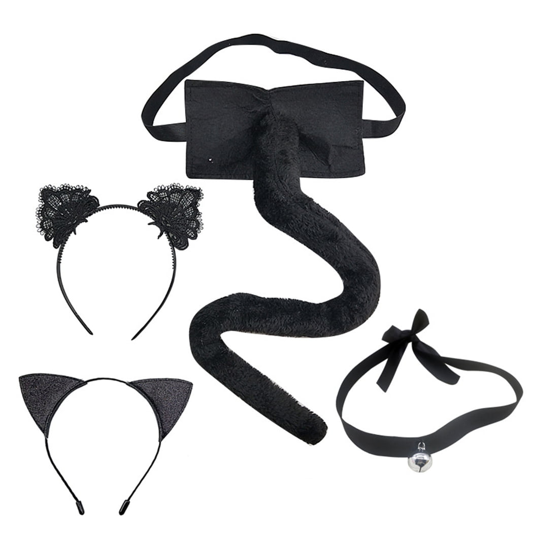 Cat Tail Set Soft Plush Cosplay Tail Cat Ear Headband Bell Collar for