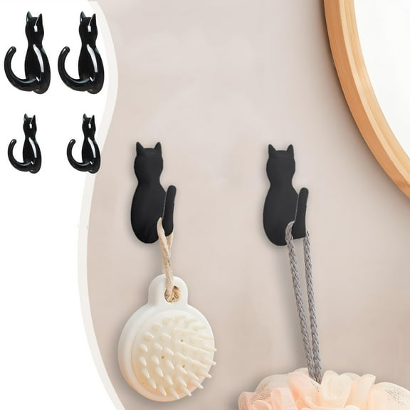 Cat Tail Wall Hooks | Strong Stick No-Drill Hangers, Black Plastic, 2-Pack, Waterproof Holder for Keys Towel Kitchen Bath Closet Storage