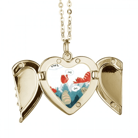 Cat Talking Owl Protect Animal Pet Lover Folded Wings Peach Heart Pendant Necklace