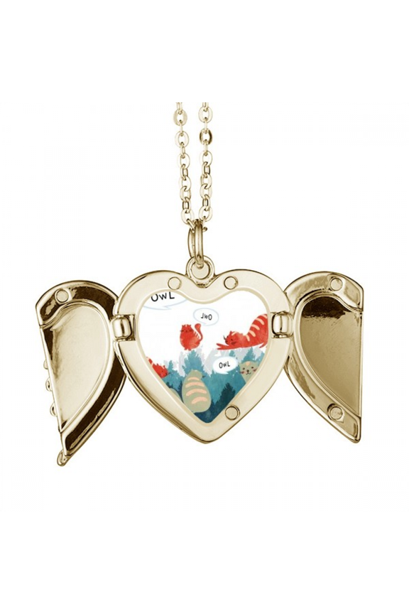Cat Talking Owl Protect Animal Pet Lover Folded Wings Peach Heart Pendant Necklace