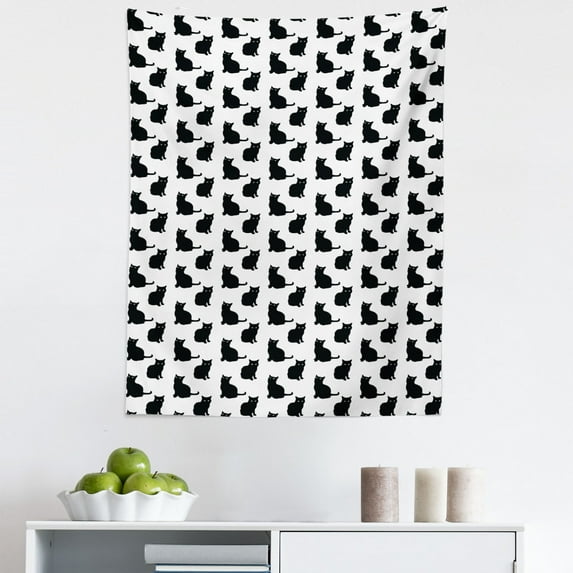 Cat Tapestry, Black Cat on White Backdrop Playful Friendly Animals Posing Domestic Pets, Fabric Wall Hanging Decor for Bedroom Living Room Dorm, 5 Sizes, Black White, by Ambesonne