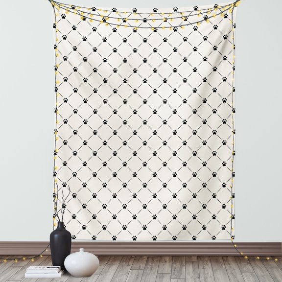 Cat Tapestry, Classical Checkered Pattern with Cat Kitty Dog Paws Footprints Geometrical Cute Design, Wall Hanging for Bedroom Living Room Dorm Decor, 40W X 60L Inches, Cream Black, by Ambesonne