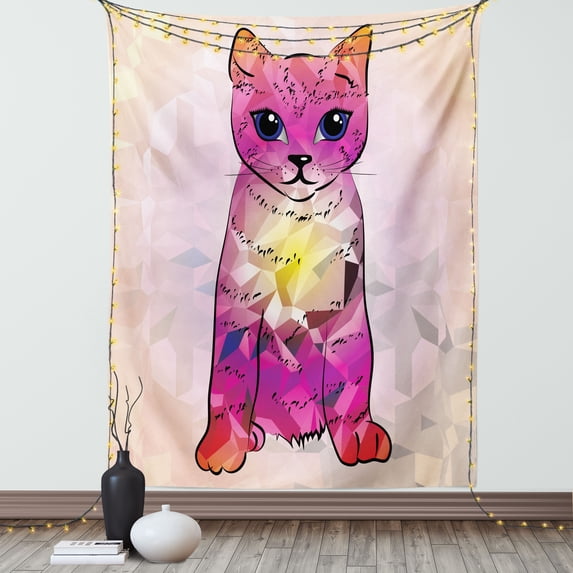 Cat Tapestry, Geometrc Digital Color Artistic Robot Cat with Technologic Patterns Little Retro Art, Wall Hanging for Bedroom Living Room Dorm Decor, 60W X 80L Inches, Pink Fuchsia, by Ambesonne