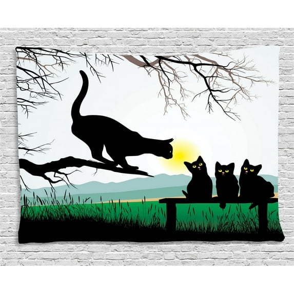 Cat Tapestry, Mother Cat on Tree Branch and Baby Kittens in Park Best Friends I Love My Kitty Graphic, Wall Hanging for Bedroom Living Room Dorm Decor, 60W X 40L Inches, Multi, by Ambesonne