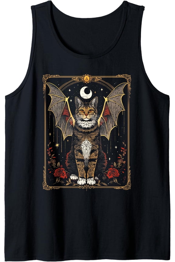 Cat Tarot Card Vampire Bat Dragon Fantasy Gothic Tank Top Size S-3XL