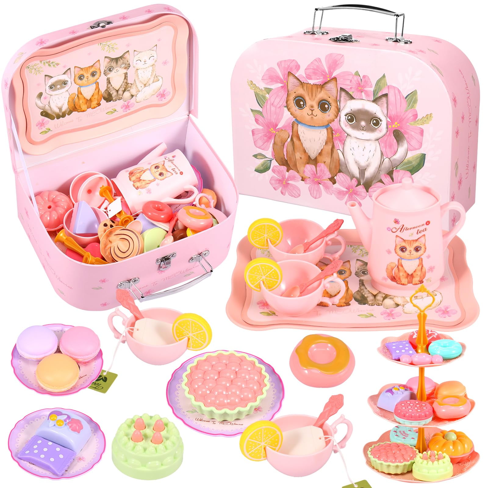 Cat Tea Party Set for Little Girls 46pcs Pretend Play Toy, Birthday