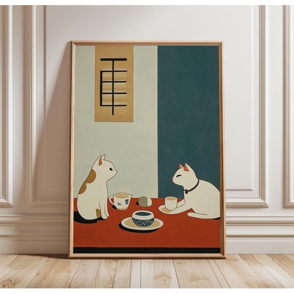 Cat Tea Time Poster | Minimal Animal Wall Art | Japanese Style Interior Print | Cute Kitchen Wall Decor Poster, Poster Only