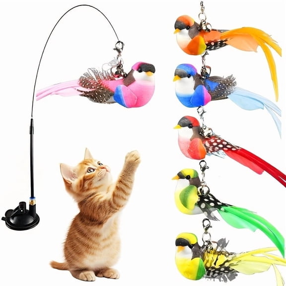 Cat Teaser Toy with Suction Cup and Handheld Wand, Interactive Bird Replacement Heads for Indoor Cats, Exercise and Play Set