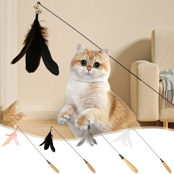 Cat Teaser Wand with Bells | Interactive Feather Play Stick | 360° Rotating Stainless Steel Spring | Replaceable Feathers | Exercise & Training Toy | 19.3in | Multi-Color | 1 Pack