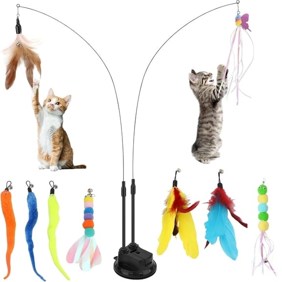 Cat Teaser Wand, Cat Toys Feather with Super Suction Cup, Newly Upgraded Double Headed Detachable Interactive Cat Toy, 12 PCS Elastic Cat Toys with Feathers, Cat Wand Toys for Indoor Cats