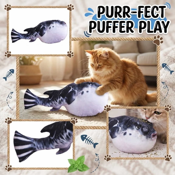 Cat Teaser Wand, Catnip Chew Toy, 8 Inch Puffer Fish Style, No Zipper - Catnip Infused, Teething Relief, Interactive Play, Molar Chewing Support - For Cats, Pet Owners, Indoor
