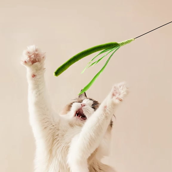 Cat Teaser Wand with Dog - Tail - like Green Feather and Steel Wire - Durable Long - Rod Design for Chewing, Boredom Relief for Cats - Interactive Cat Toy for Indoor Cats, Kittens