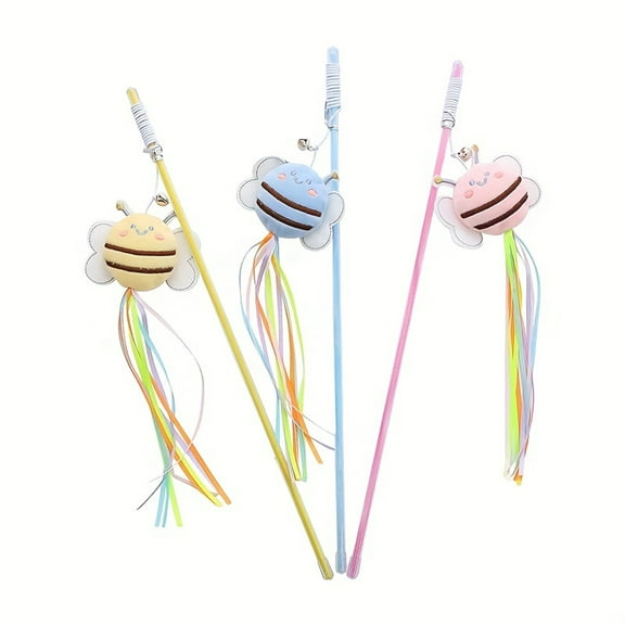 Cat Teaser Wand, Pink Plush Bee Shaped Interactive Cat Toy, 1 Pack with Colorful Ribbon Tassel and Built-in Bell, for Indoor Kitten Cats Boredom Relief Exercise and Interactive Play