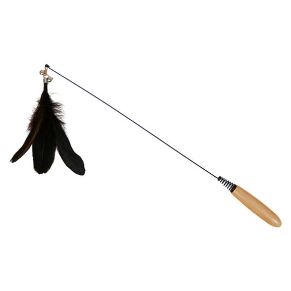 Cat Teaser Wand Toy with Feather – Elastic Rod Cat Wand with Bell, Wooden Handle for Hunting Playtime (Black)