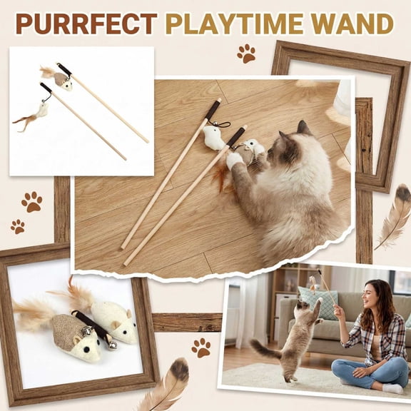 Cat Teaser Wand Toys with Feathers and Bells, Interactive Mouse and Bell Design, Eco-Friendly Interactive Cat Toy, Suitable for Interactive Toys for All Breed Sizes E
