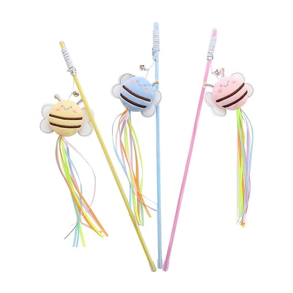 Cat Teaser Wand, Yellow Plush Bee Shaped with Colorful Ribbon Tassel and Small Built-in Bell, 1 Pack Interactive Cat Toy, for Indoor Kitten Cat Exercise Boredom Relief Play Entertainment