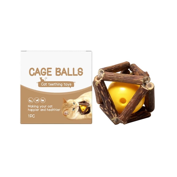 Cat Teething Toy, Cage Balls Natural Wooden & Material Chew Toy For Cats, Cute Shape Cat Chewing Toy For Dental Health & Entertainment, 1 Pack