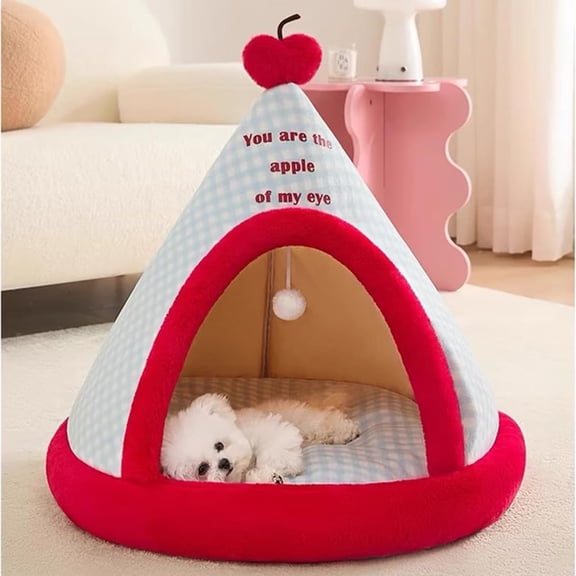 Cat Tent Bed Dog House with Thick Cushion, Winter Warm Pet Teepee Tent House for Cats & Small Dogs (Red Blue, S (14.96x14.96 inch))