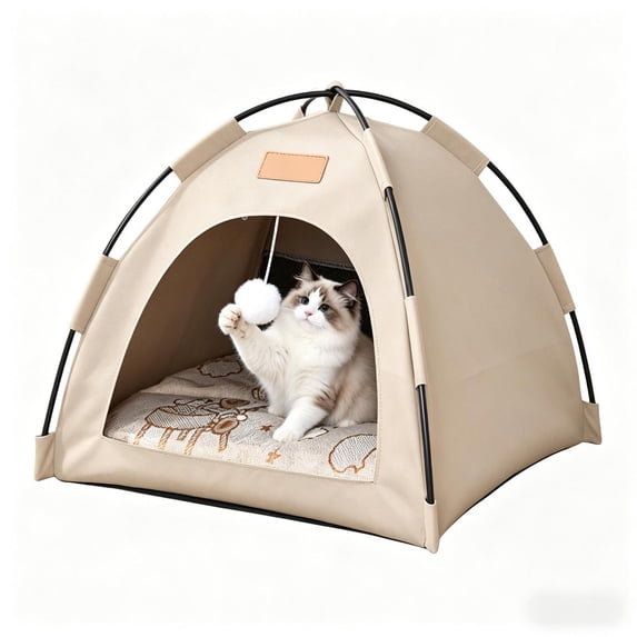 Cat Tents for Indoor Cats, Washable Waterproof Cat Dog Bed, All Season Portable Shelter for Small Dogs Cats, Indoor Outdoor Use, Khaki