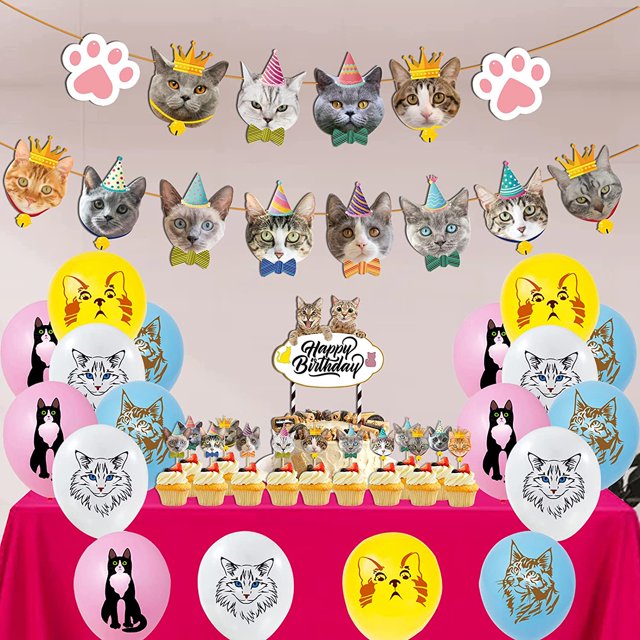 Kitten Cat Theme Kids Birthday Decorations SetCake Topper,Face Banner