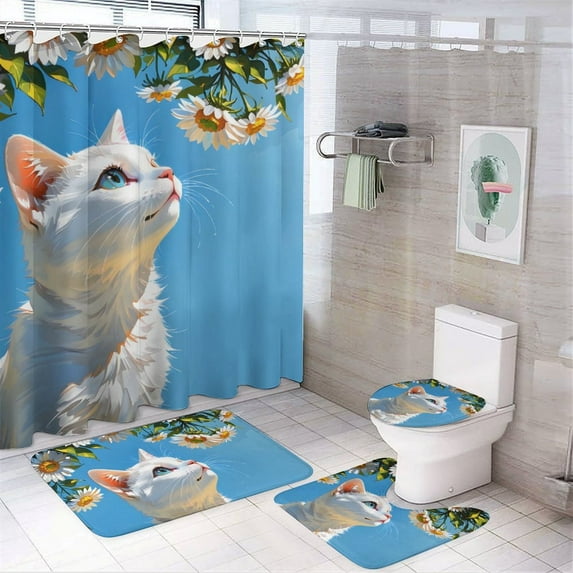 Cat Theme Shower Curtain Set, Cute 4-Piece Bathroom Decor with 72" x 72" Shower Curtain, Toilet Cover Mat, U-Shaped Mat, and Non-Slip Floor Mat