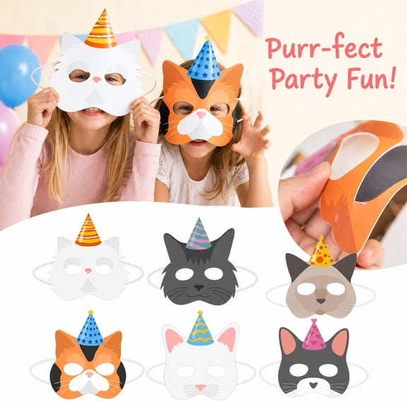 Cat Themed Birthday Party Decorations, 6 Pack Disposable Kids Masks, Animal Birthday Party Supplies, Party Favors for Student, Photo Booth Props with Mini Party Hats