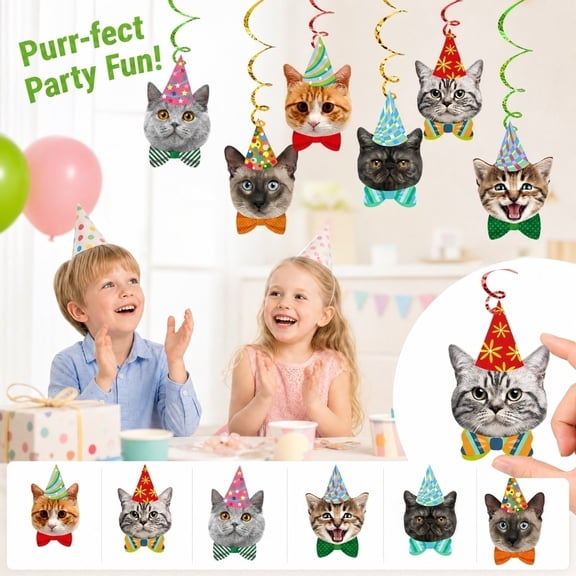 Cat Themed Birthday Party Decorations, Hanging Ceiling Swirls for Kitten Pet Birthday Celebrations, 6 Count Cat Decor for Cat Lovers with Party Hat and Bow Tie Accents for Themed