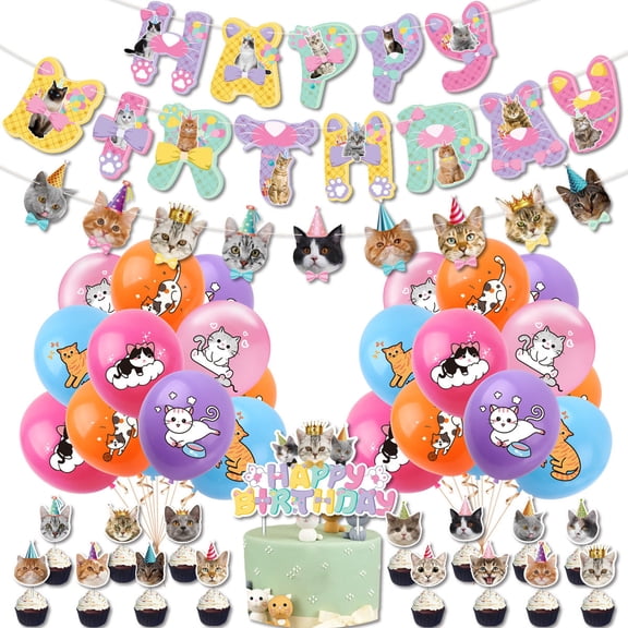 Cat Themed Birthday Party Decorations  Kitten Balloons Cake Cupcake Toppers Banner for Cat Birthday Party Supplies