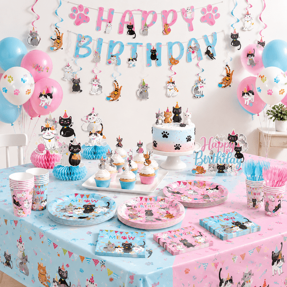 Cat Themed Birthday Party Supplies Set, Serves 24, Pink Blue Disposable Tableware Decorations