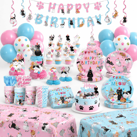 Cat Themed Birthday Party Supplies Set, Serves 24, Pink Blue Disposable Tableware Decorations