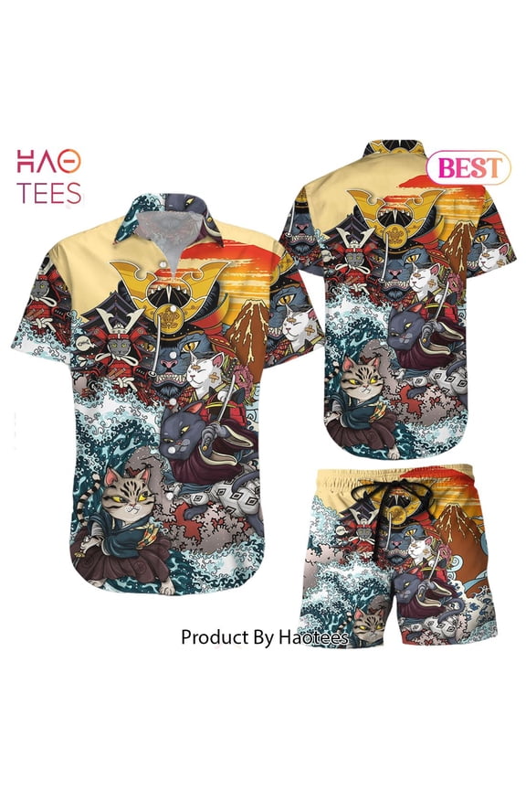 Cat Themed Hawaiian Shirt Cat Samurai Button Down Shirts Funny Gift Ideas For Cat Lovers
