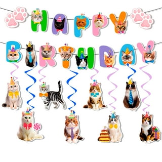 8-Piece Cat Birthday Decorations - Cake Toppers & Banner With Various Cat Breeds For Pet Parties