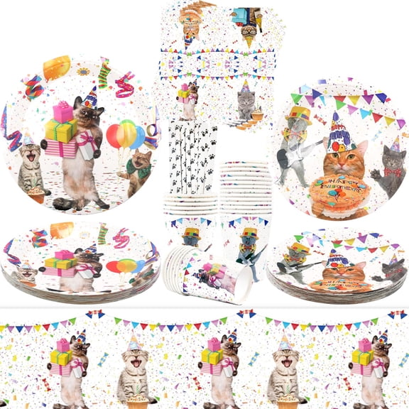 Cat Themed Party Supplies Kit 20 Pieces Plates Cups Napkins Straws Tablecloth