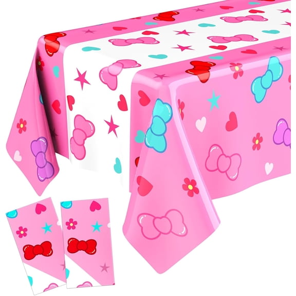 2 Pack Kitty Cat Party Tablecloths, Plastic Rectangular Cartoon Kitten And Bow Table Covers For Birthday Party Decor, 108 X 54 In, Pink