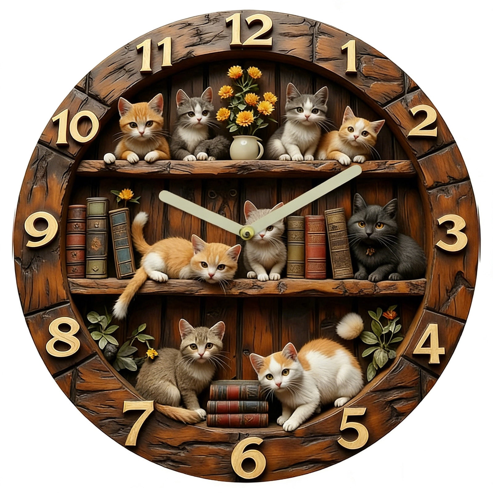 Cat-Themed Retro Wooden Wall Clock,12 Inch Silent Non Ticking Round ...
