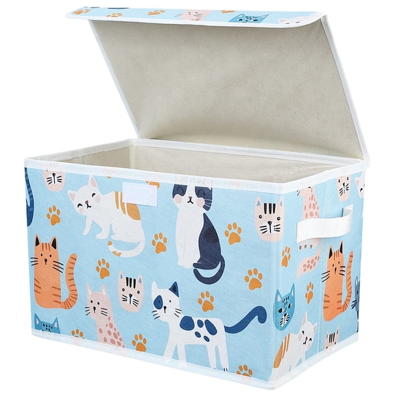 Cat Themed Storage Box Collapsible Fabric Storage Bins Decorative Cute Cats Print Blue Organizer Cubes with Lids and Carrying Handle Rectangle