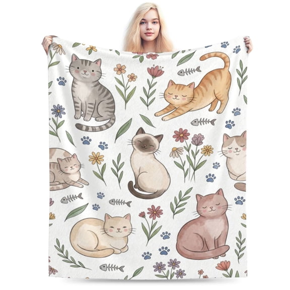 Cat Throw Blanket, Aesthetic Pattern Bed Decor, Plush Flannel Throw, Unique Gift for Cat Lovers, Modern Bedding 50x40