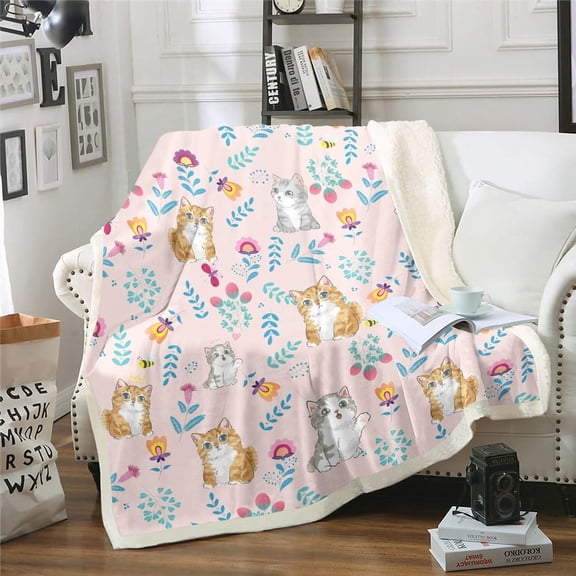 Cat Throw Blanket Cat Lover Gifts Fleece Blanket Floral Kitten Sherpa Blanket Soft Warm Cozy Baby 30"X40" for Kids Girls Adult, Cute Cat Flannel Blanket Bedroom Decor for All Season