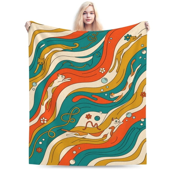 Cat Throw Blanket, Feline Design Flannel Blanket, Flannel Throw for Indoor Decor and Bedding 50x40