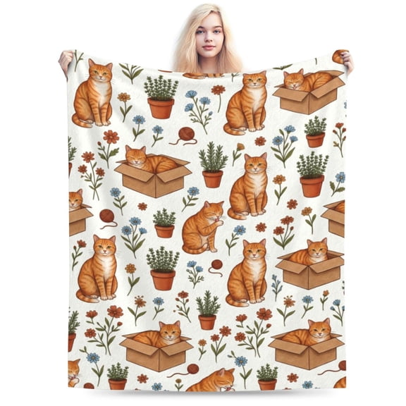 Cat Throw Blanket, Feline Design Flannel Blanket, Lightweight Bedding Flannel Throw for Home and Living Room 50x40