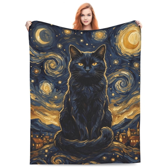 Cat Throw Blanket, Starry Black Cat Pattern Blanket, Ultra Soft Cozy Lightweight Blanket for Home, Sofa, Couch, Bed Decor 50x40