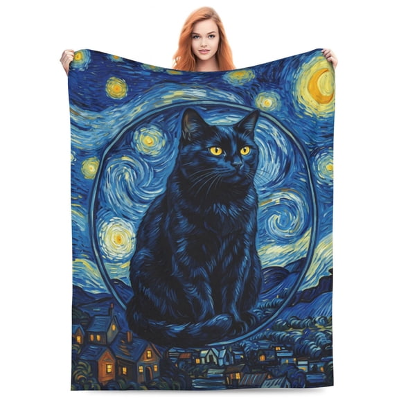 Cat Throw Blanket, Starry Black Cat Pattern Blanket, Ultra Soft Cozy Lightweight Blanket for Home, Sofa, Couch, Bed Decor 50x40