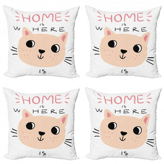Cat Throw Pillow Cushion Case Pack of 4, Home is Where Kitten is Hand Drawn for Animal Lovers, Modern Accent Double-Sided Print, 4 Sizes, Peach Pink, by Ambesonne